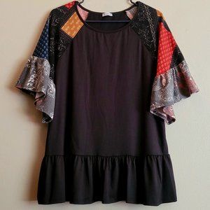 womens patterened sleeve black tunic blouse